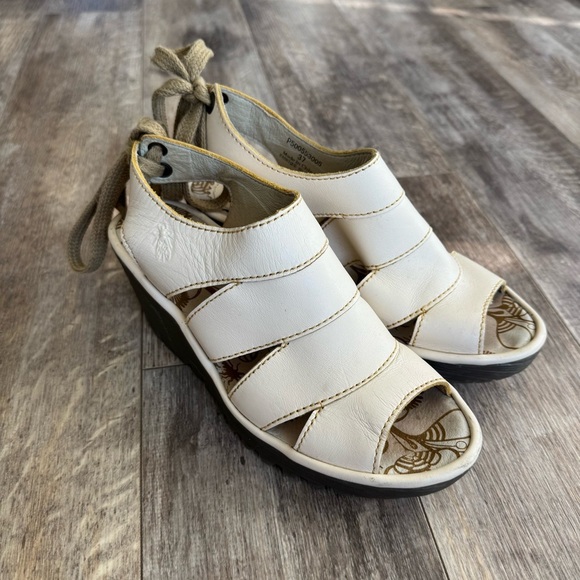 Fly London Yown Cage Elegant Cream Platform Sandals with Tie Heel - Size 37 - Picture 2 of 9